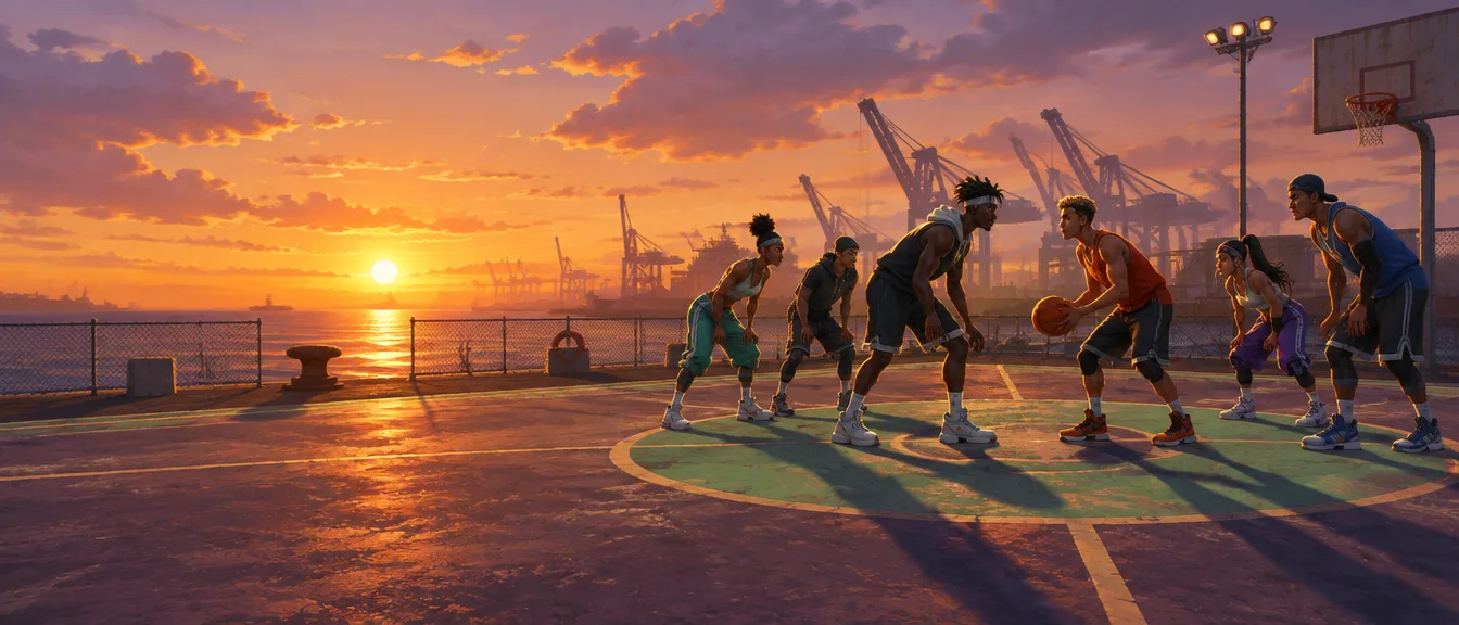 Final Turnamen Blok di lapangan Pier 4 saat senja. Dua kru bertiga berhadapan di lingkaran tengah sebelum check ball, crane pelabuhan menghitam di depan matahari yang turun ke laut.